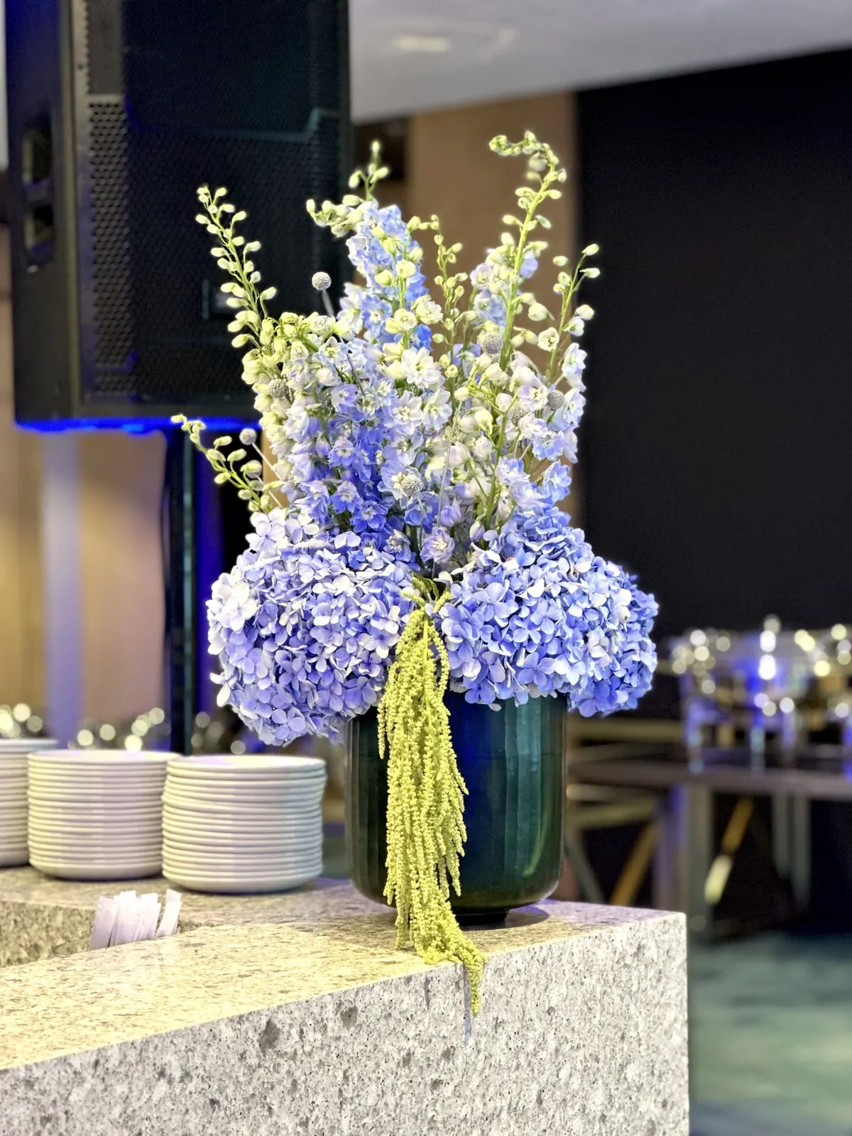 Blue delphinium event arrangement by Durban florists