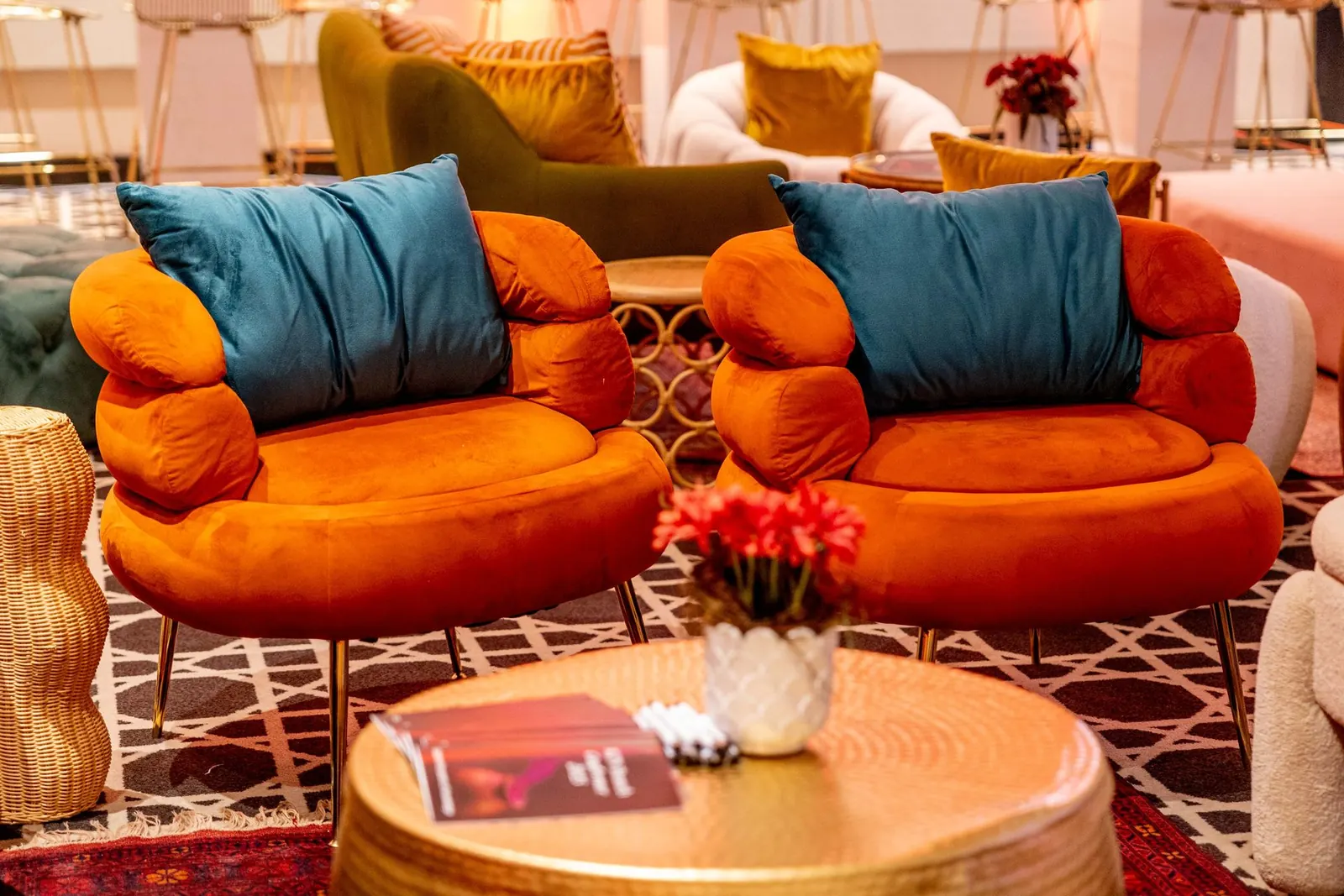 Retro lounge furniture setting in amber and teal, Durban event